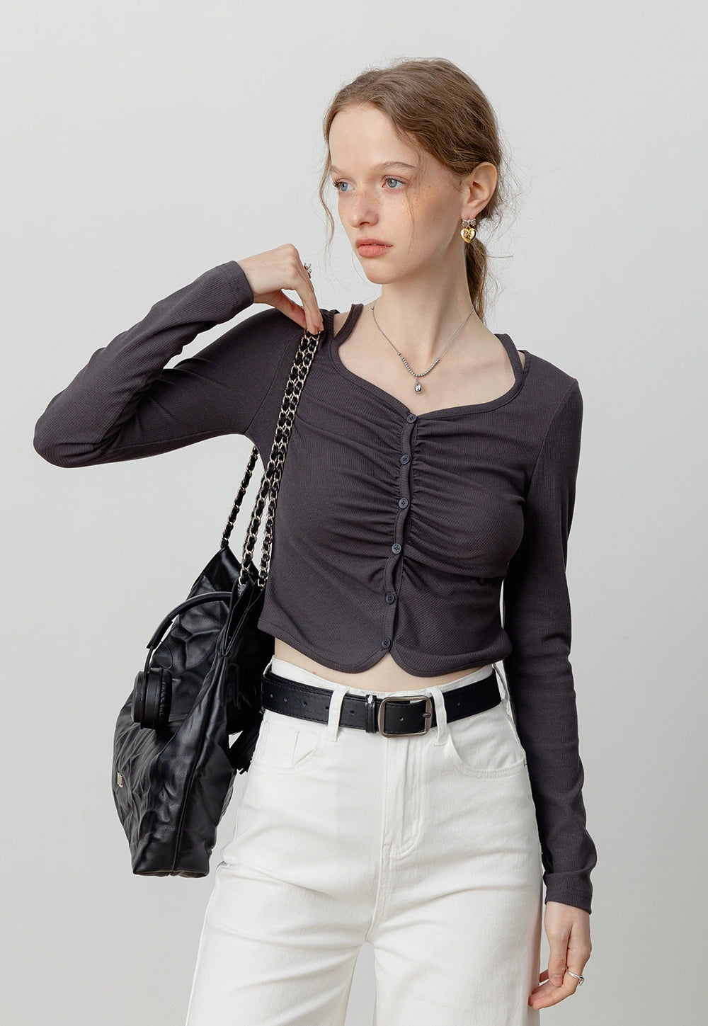 Women's Ruched Button-Up Cropped Knit Long Top