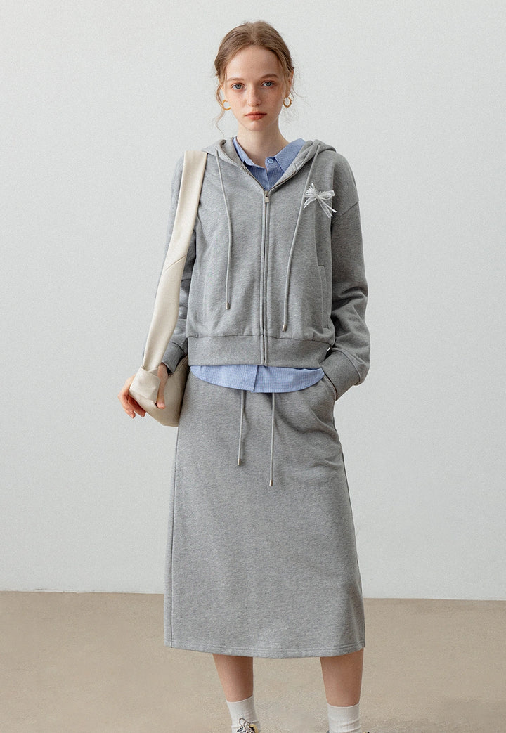 Women's Casual Zip-Up Hoodie and Drawstring Skirt Set