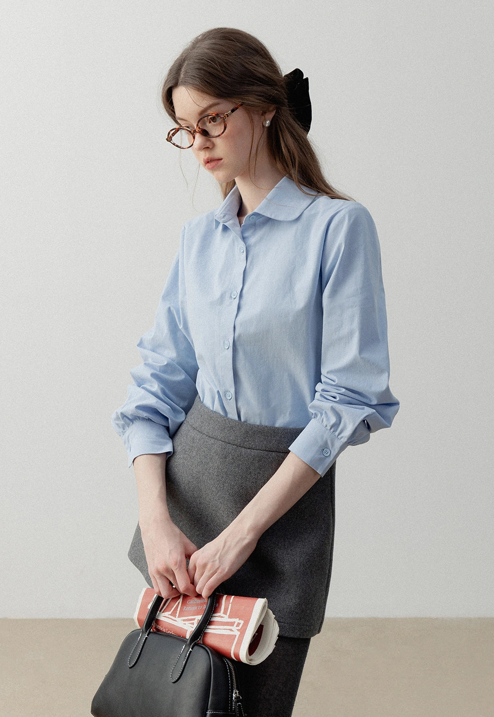 Women's Blue Long-Sleeve Button-Up Shirt with Peter Pan Collar