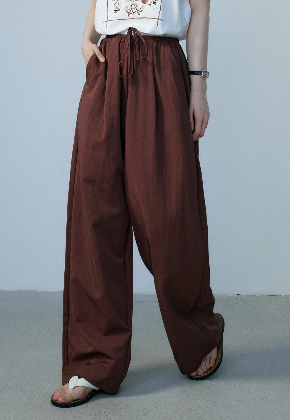 Women's Chocolate Brown Wide-Leg Pants - Drawstring Waist, Flowy and Comfortable