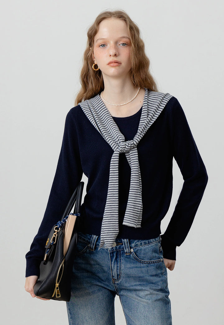 Navy Knit Sweater with Striped Scarf Accent