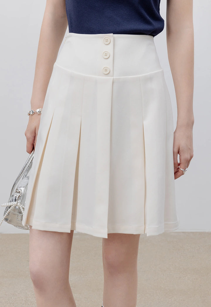 Women's High-Waisted Pleated Skirt with Button Detail