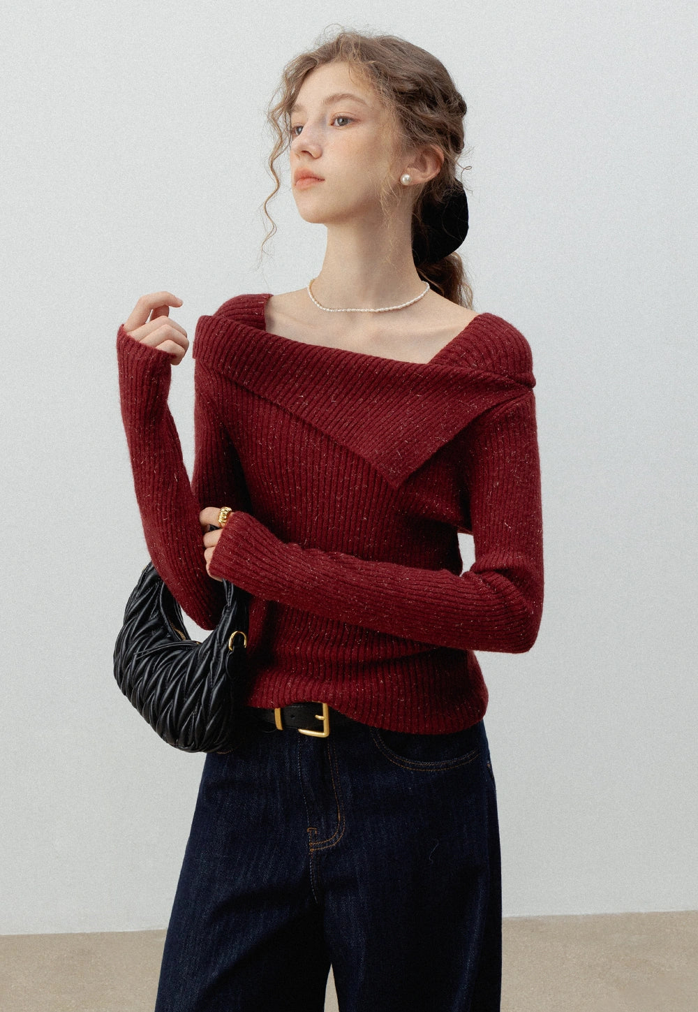 Women's Irregular Square Neck Ribbed Knit Sweater