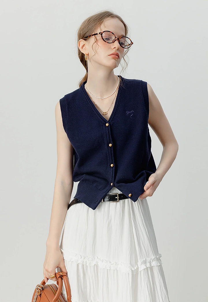 women's navy knit button-down vest