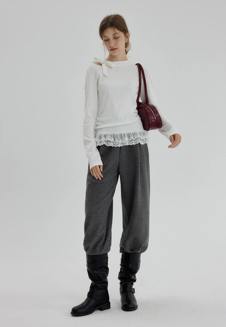 Wide-Leg Drawstring Woolen Casual Pants