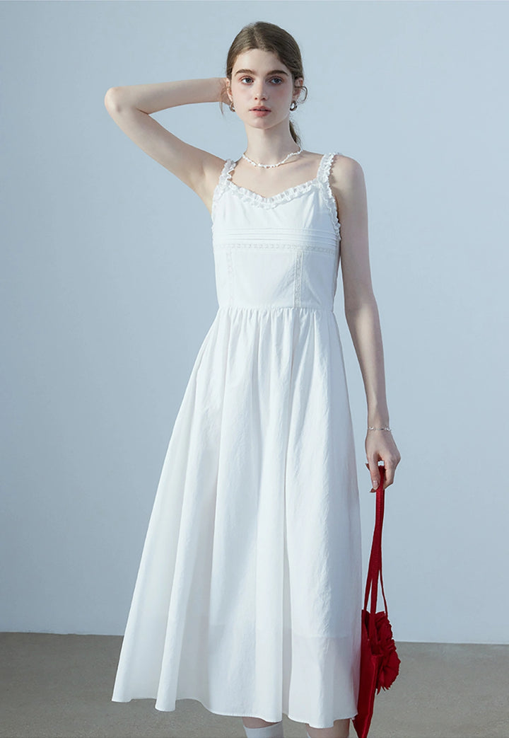 Women's White Lace Trimmed Sleeveless Dress