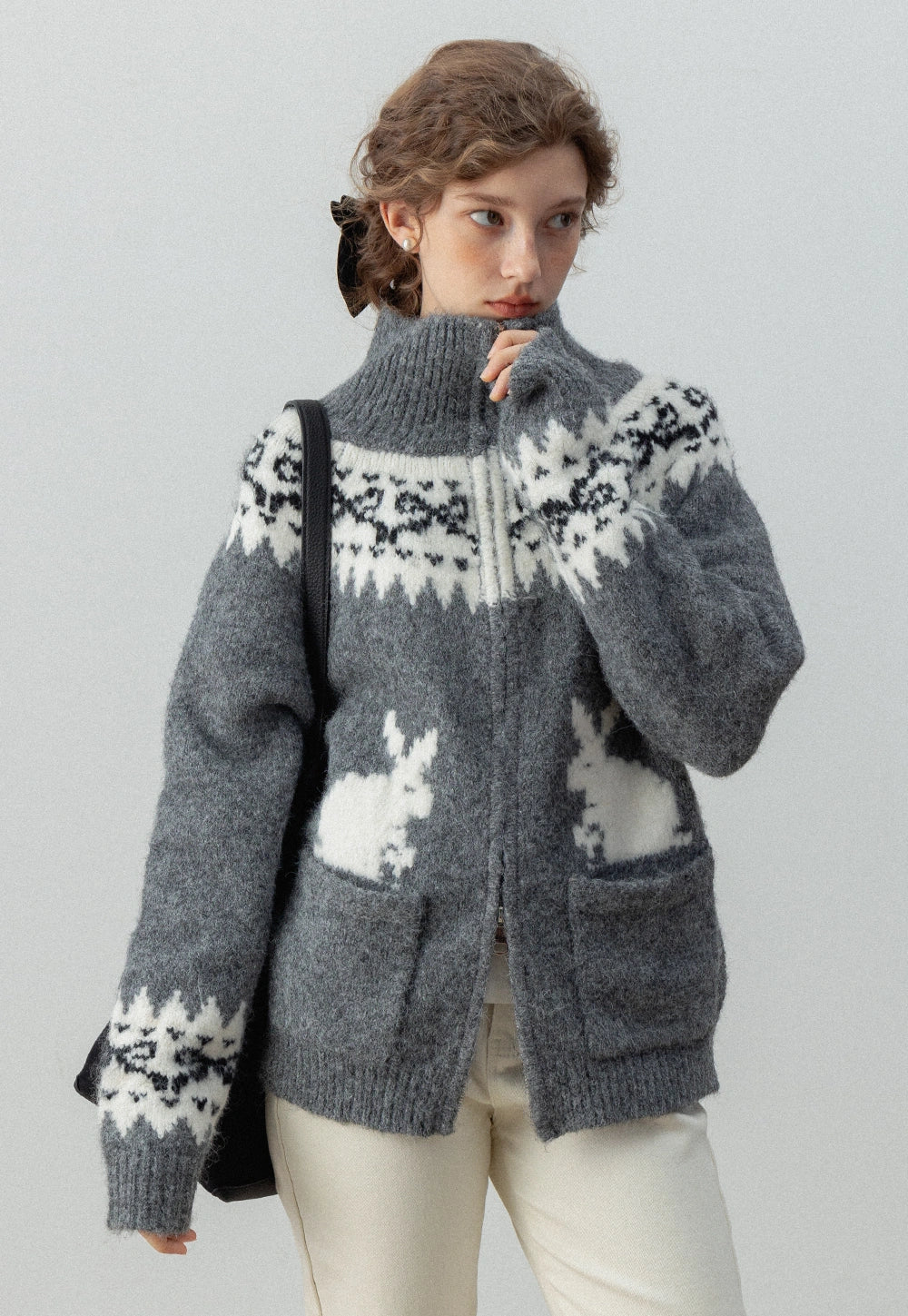 Women's High Neck Rabbit Pattern Zip-Up Knit Cardigan With Pockets