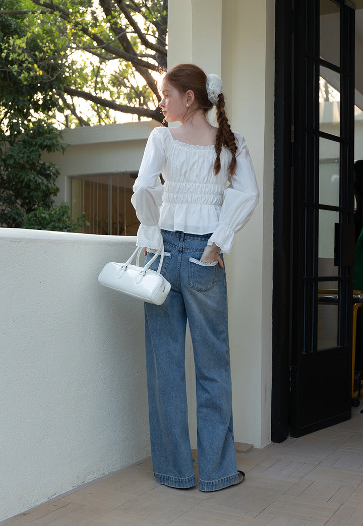 Women’s White Shirred Tie-Front Blouse