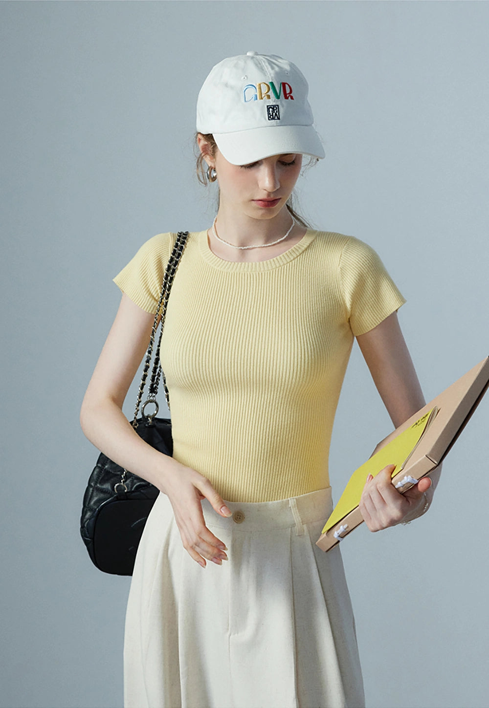 Women's Light Yellow Ribbed Knit T-Shirt