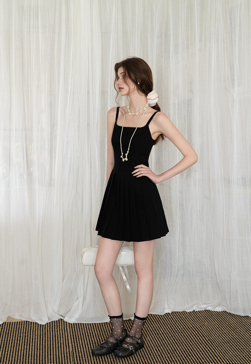 Black Pleated Mini Dress with Adjustable Straps