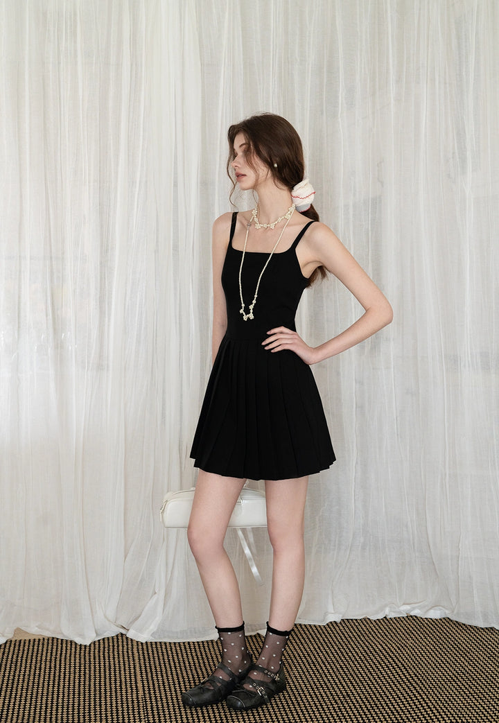 Black Pleated Mini Dress with Adjustable Straps