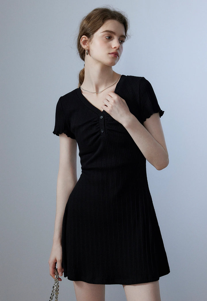 Women's Short-Sleeve Ribbed Dress with Button Detail