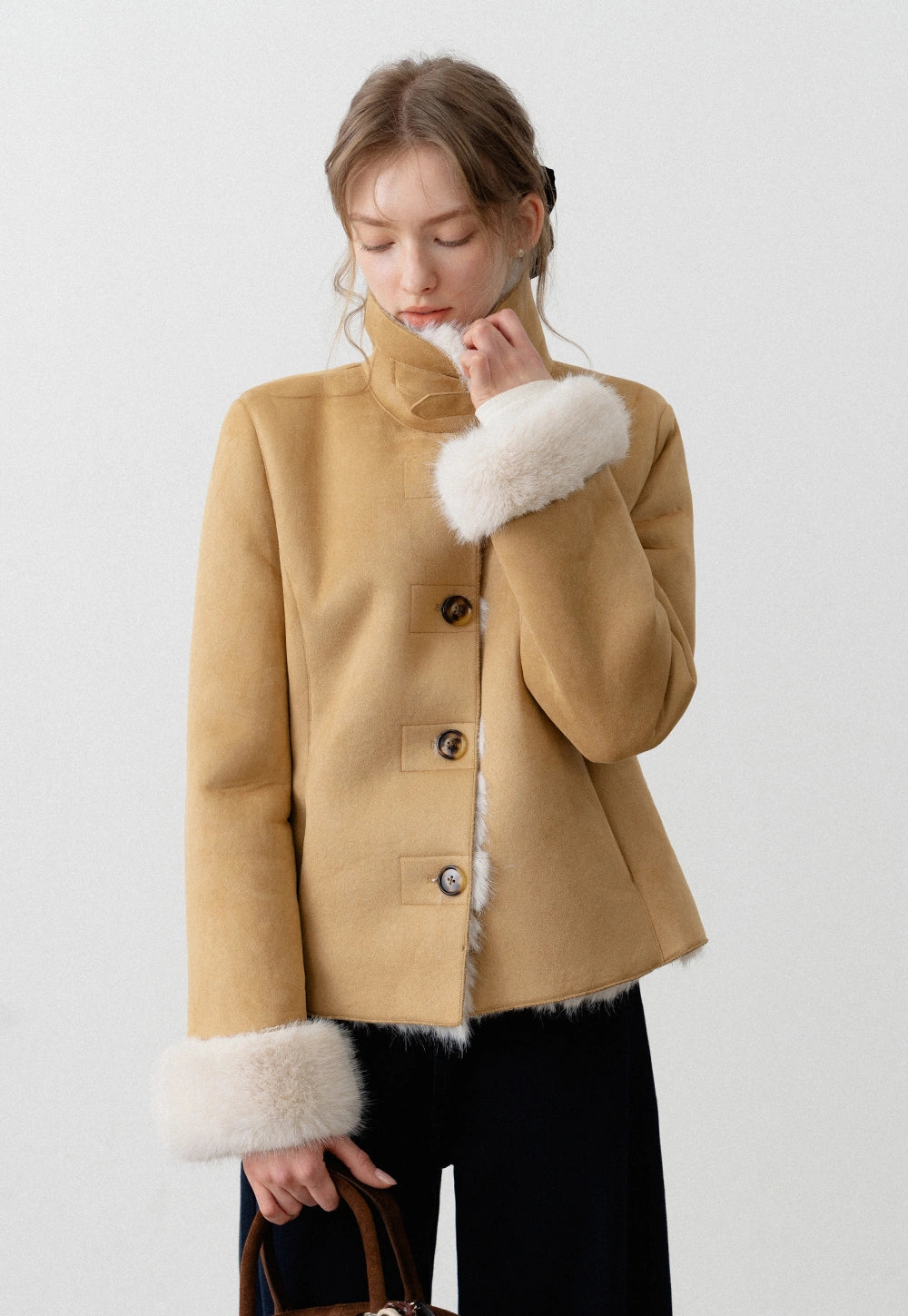 Women's Faux Suede Jacket with Faux Fur Trim