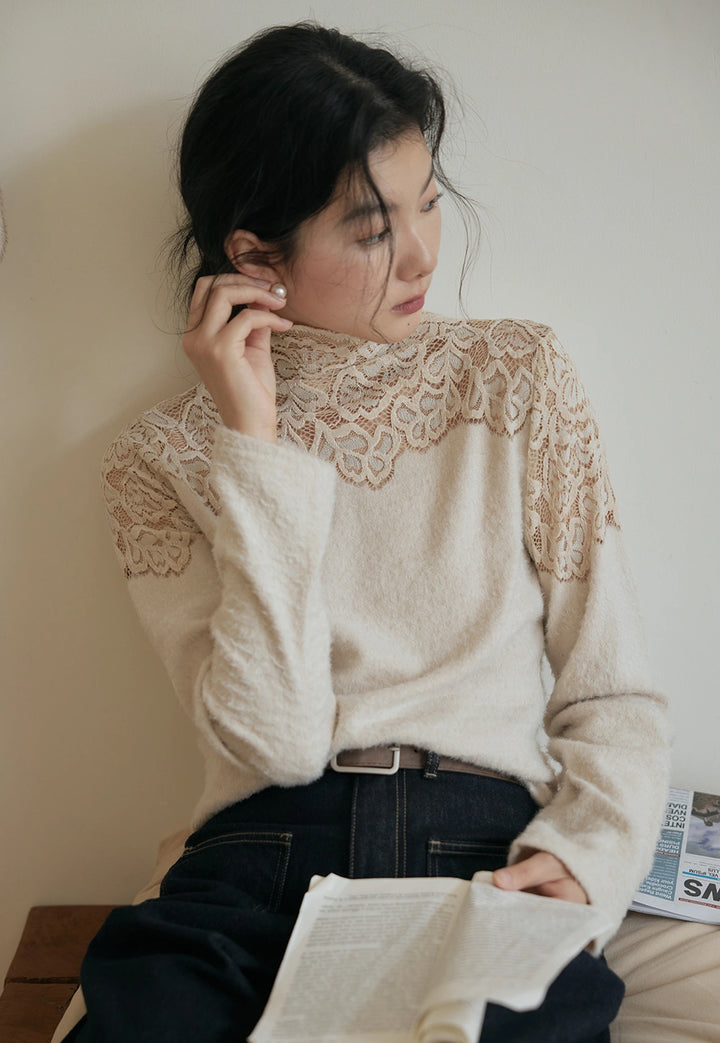 Lace Detail Mock Neck Sweater