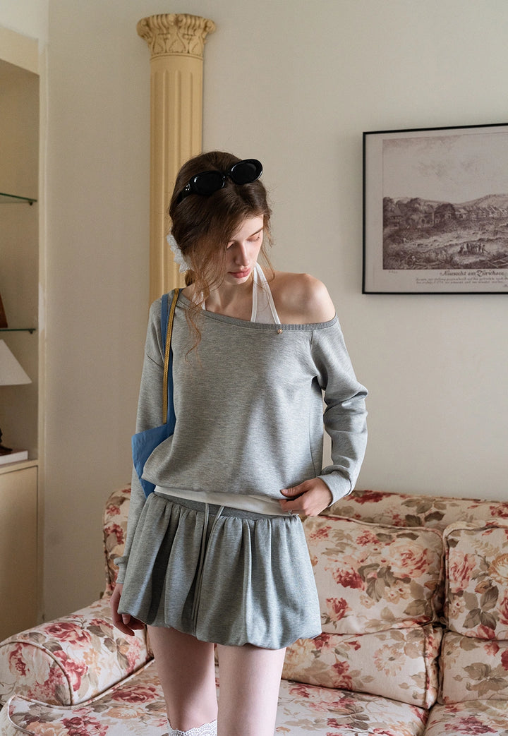 Off-Shoulder Sweatshirt with Built-in Tank Top