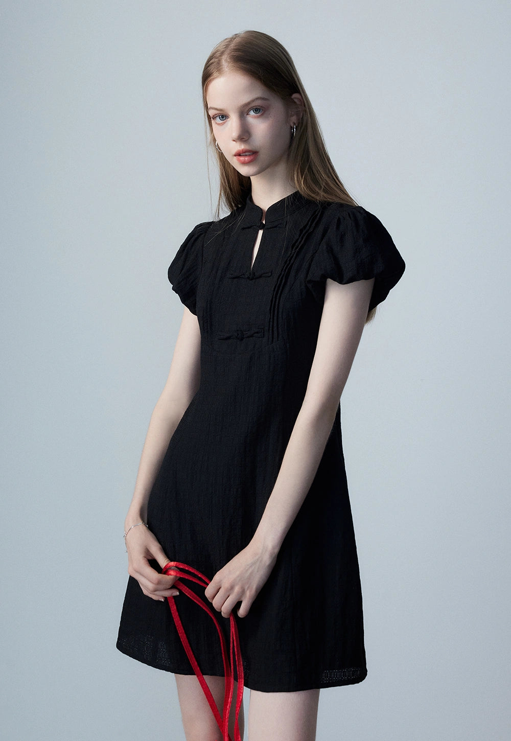 Women's Short-Sleeve Textured Dress with Knot Buttons