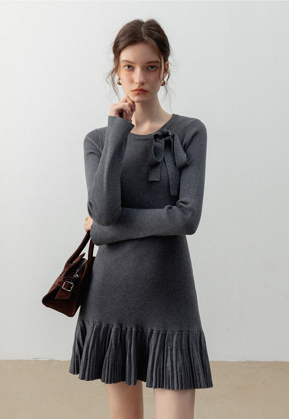 Women's Long Sleeve Bow Detail Ribbed Knit Dress