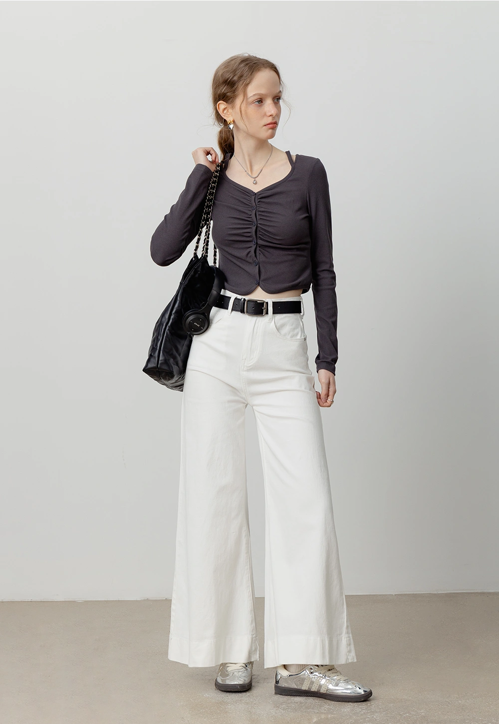 Women's Ruched Button-Up Cropped Knit Long Top