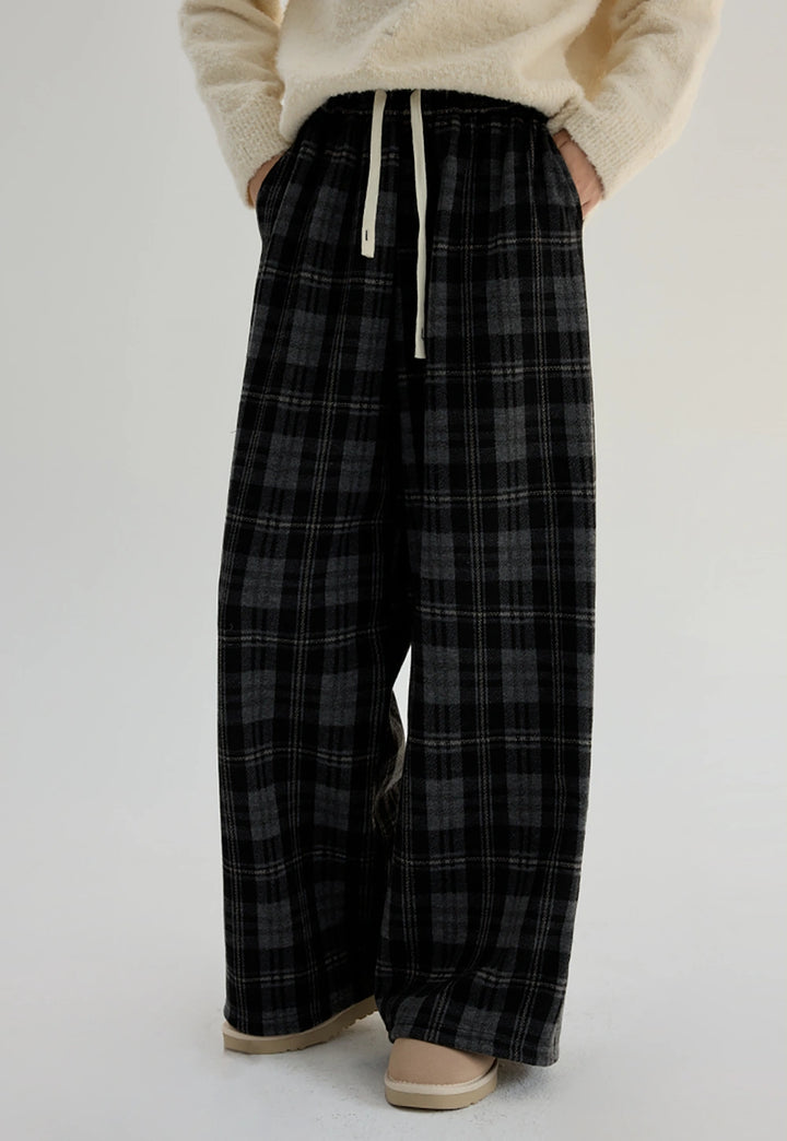 Women's Plaid Drawstring Wide Leg Pants