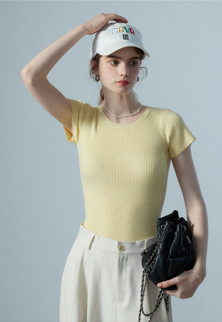 Women's Light Yellow Ribbed Knit T-Shirt