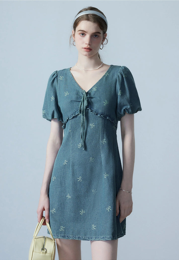 Embroidered Bow Denim Dress