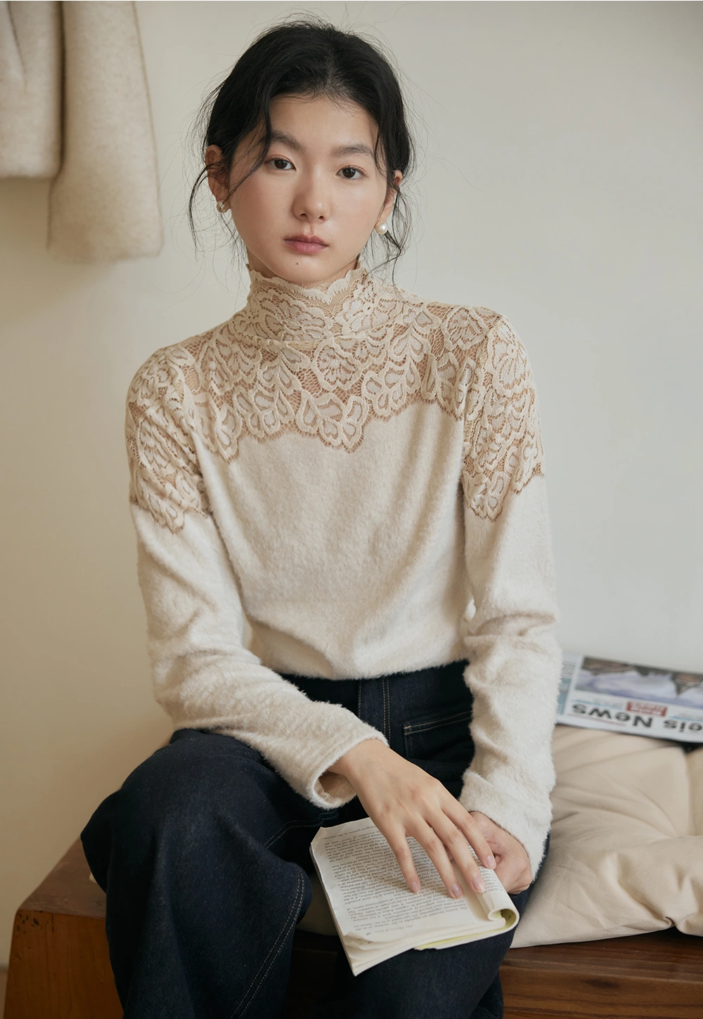 Lace Detail Mock Neck Sweater