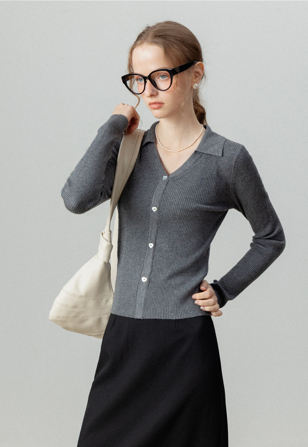 Ribbed Knit Button-Up Cardigan with Collar