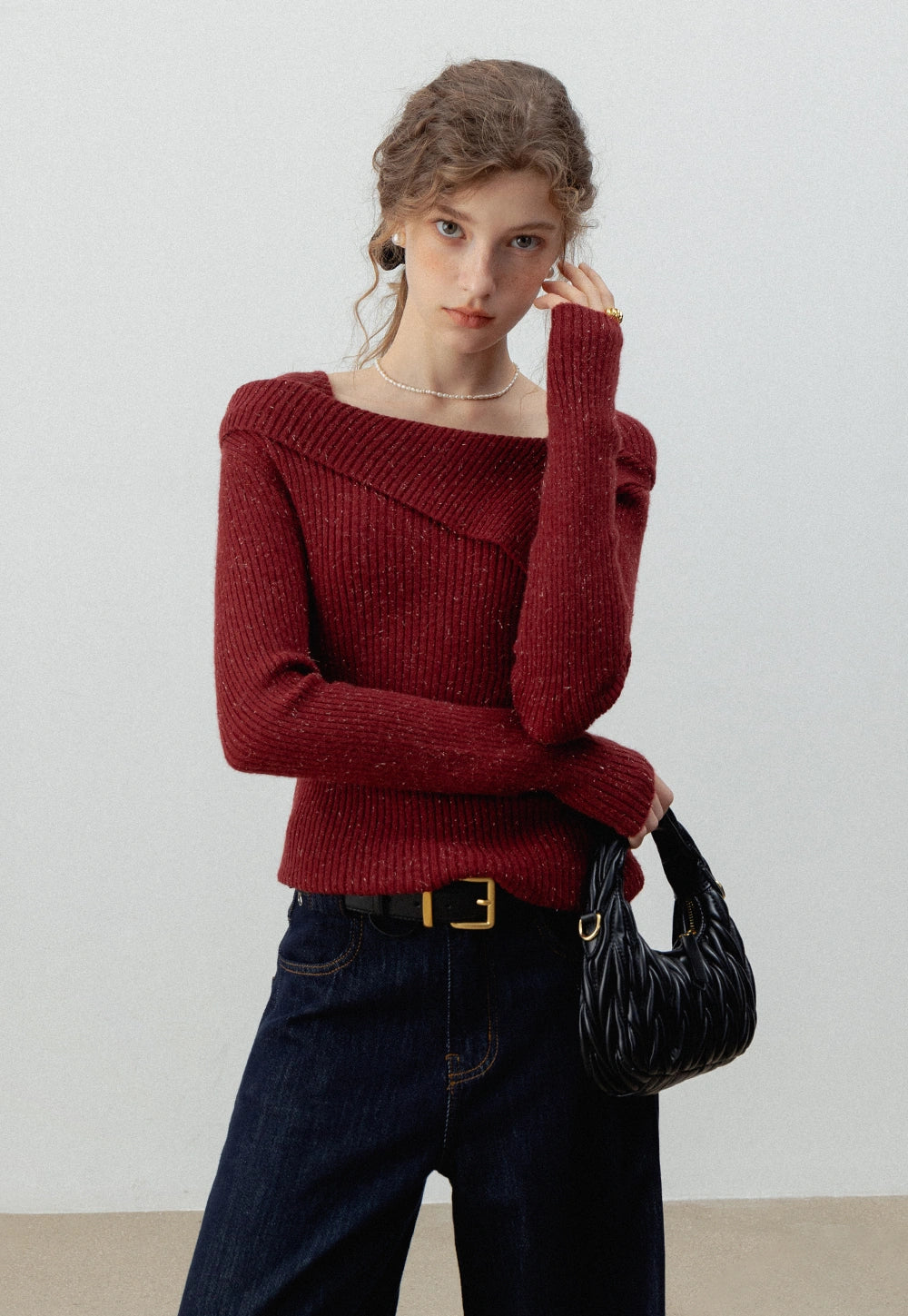 Women's Irregular Square Neck Ribbed Knit Sweater