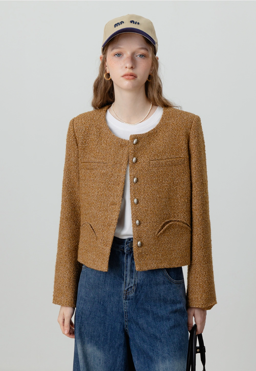 Classic Tweed Button-Up Cropped Jacket