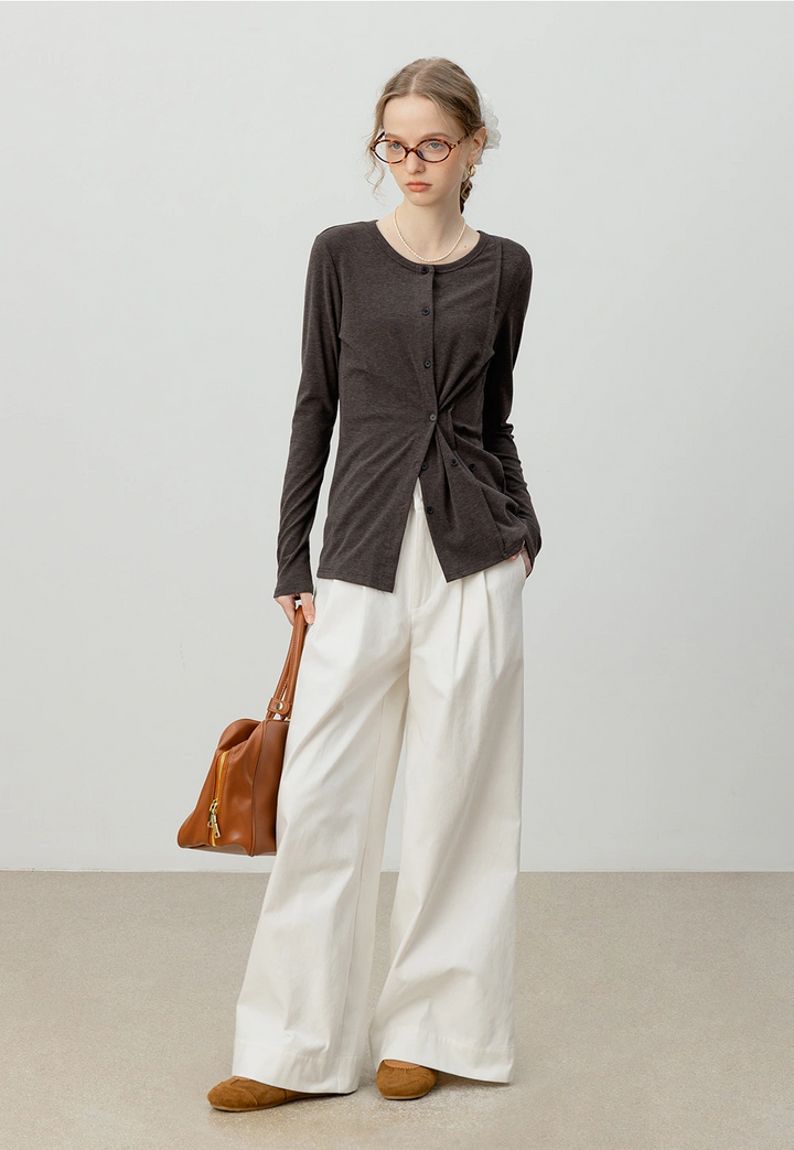 High-Waist Wide-Leg Pants with Button Detail