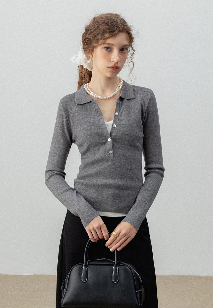 Women's Long-Sleeve Collared Button-Up Knit Top