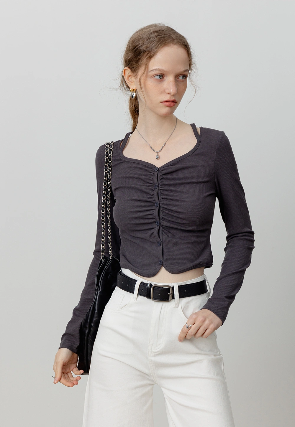 Women's Ruched Button-Up Cropped Knit Long Top