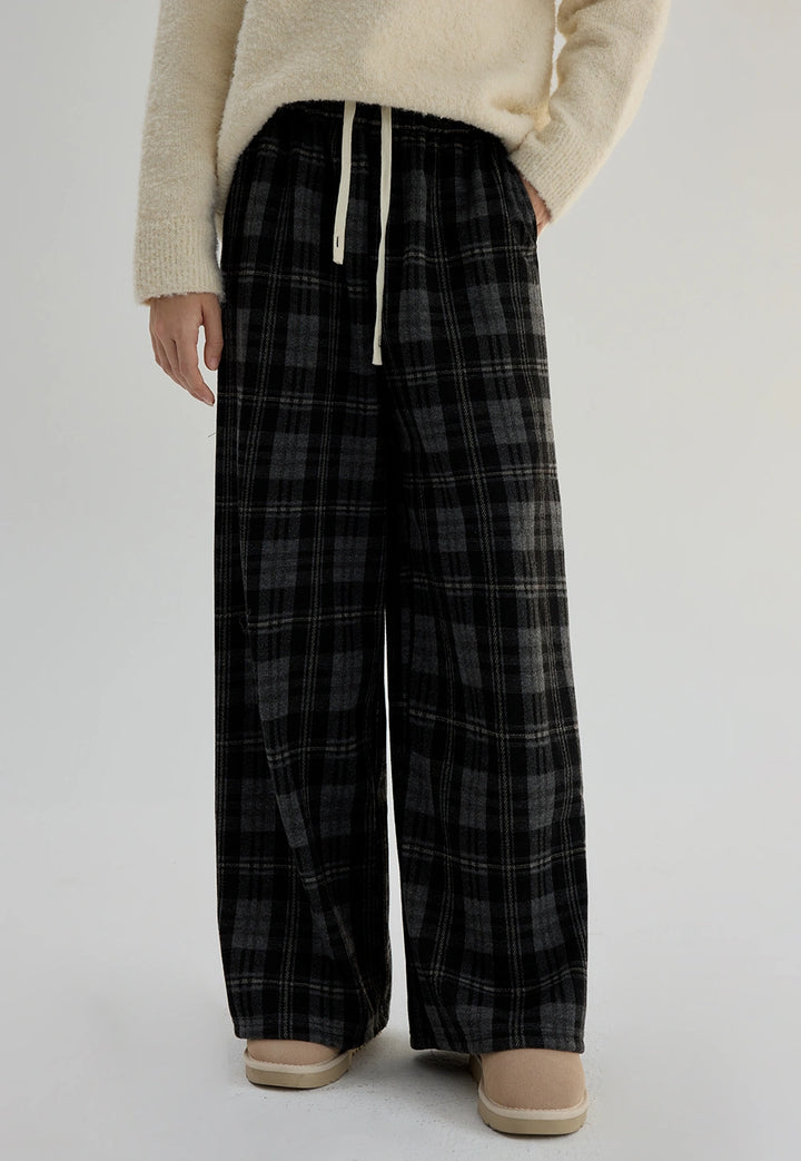 Plaid Wide-Leg Drawstring Pants