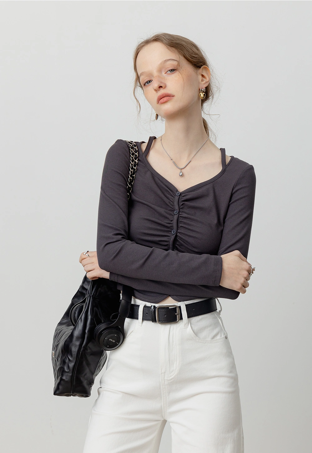 Women's Ruched Button-Up Cropped Knit Long Top