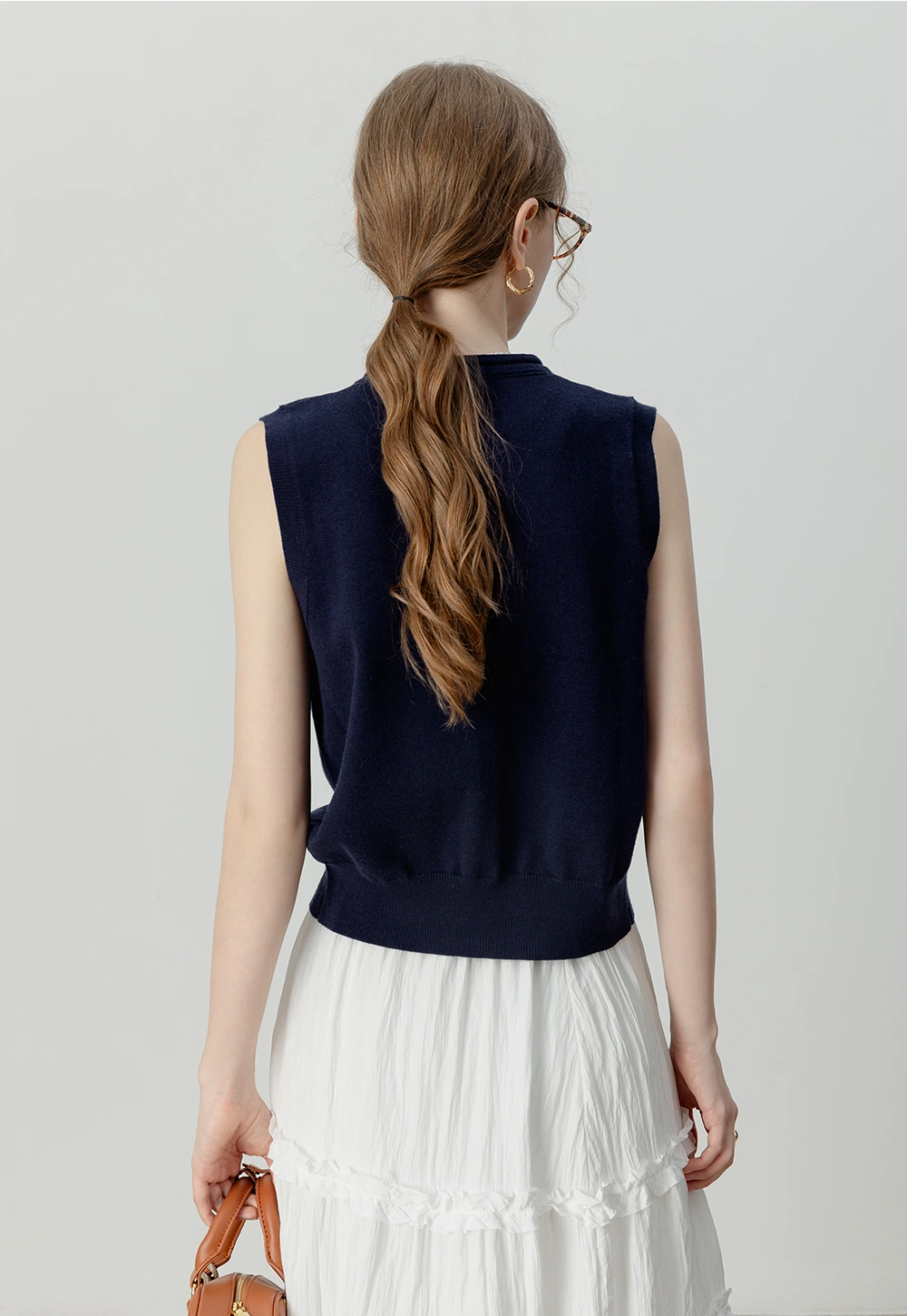 women's navy knit button-down vest