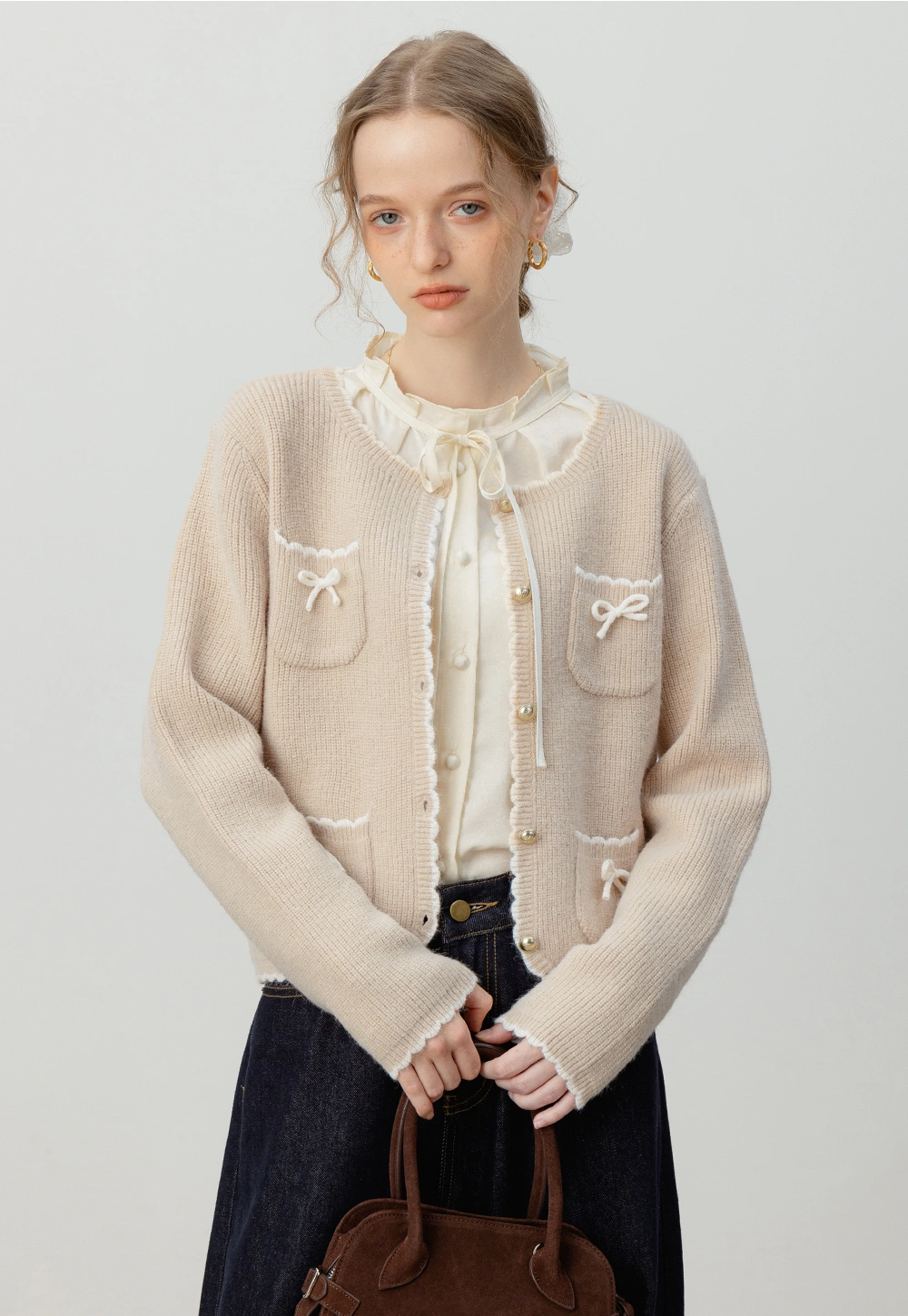 Bow Pocket Trim Knit Cardigan