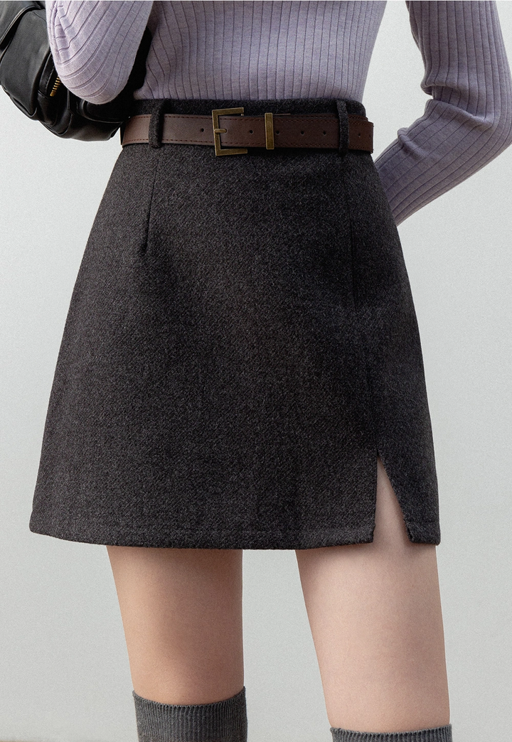 Women's Wool Blend A-Line Mini Skirt with Belt