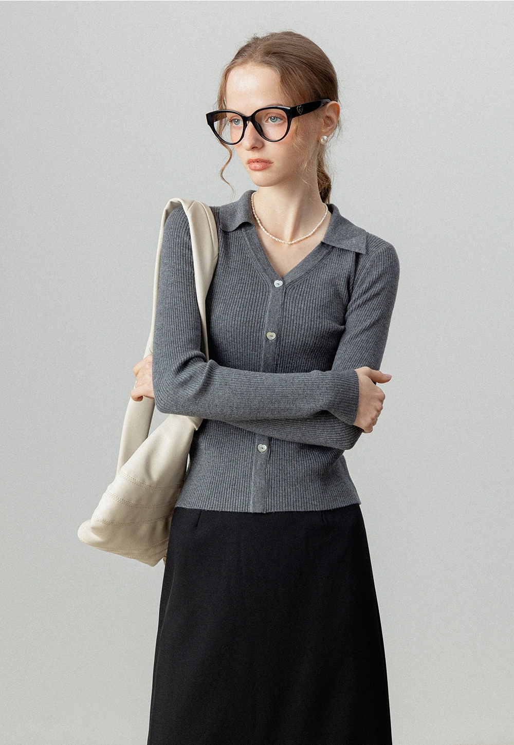 Ribbed Knit Button-Up Cardigan with Collar