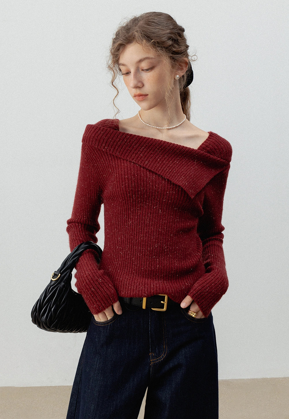 Women's Off-Shoulder Ribbed Knit Sweater