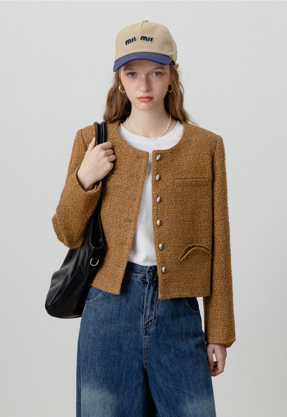 Classic Tweed Button-Up Cropped Jacket