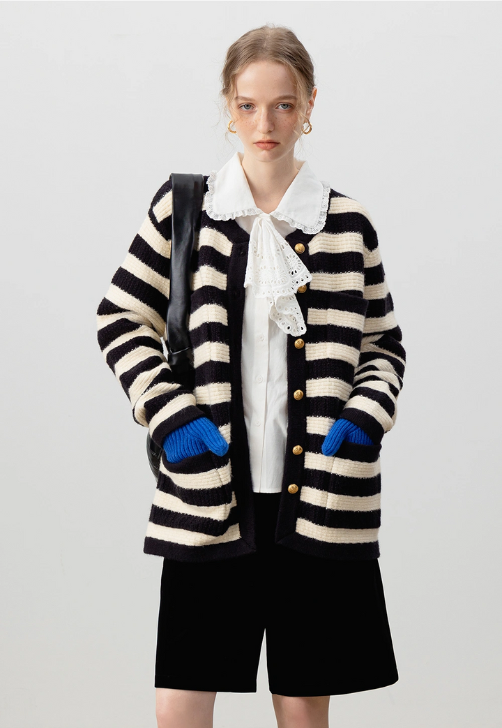 Women's Striped Button-Up Knit Cardigan