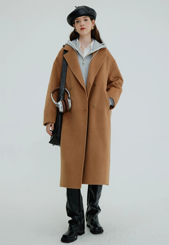 Women's Double-Breasted Wool Blend Overcoat with Notched Lapels