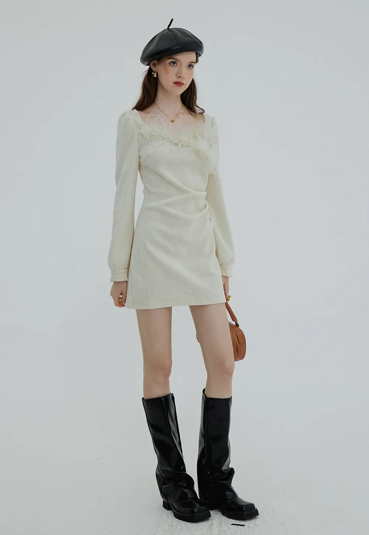 Feather-Trimmed Textured Long-Sleeve Dress