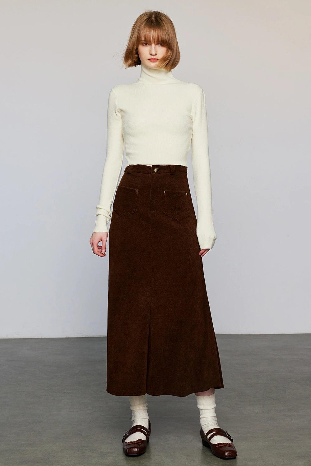 Women's High-Waisted Brown Corduroy Fishtail Midi Skirt with Front Pockets