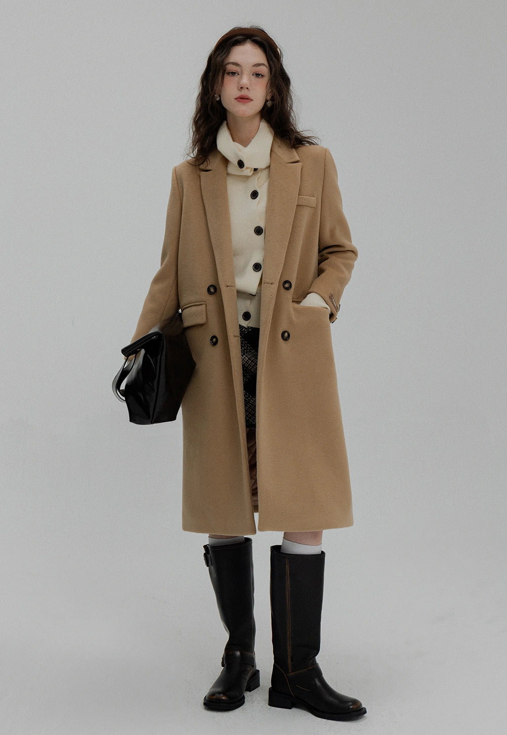 Women's Brown Double-Breasted Long Coat with Notched Lapel and Front Pockets