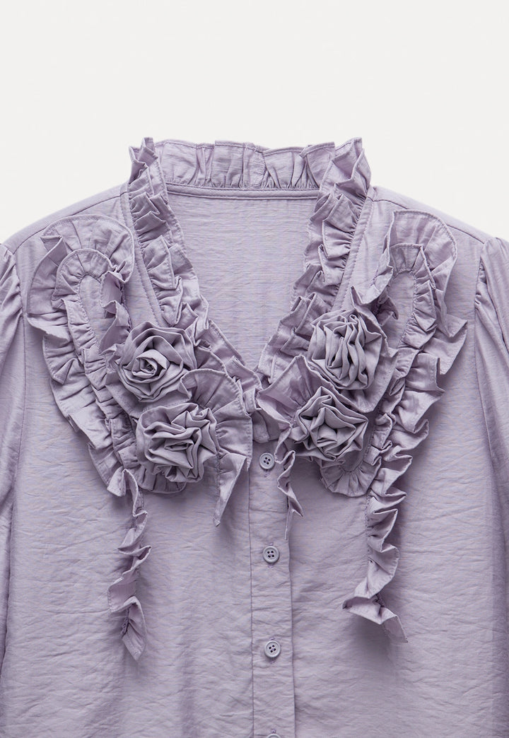 Women's Lavender Long-Sleeve Ruffled Floral Blouse