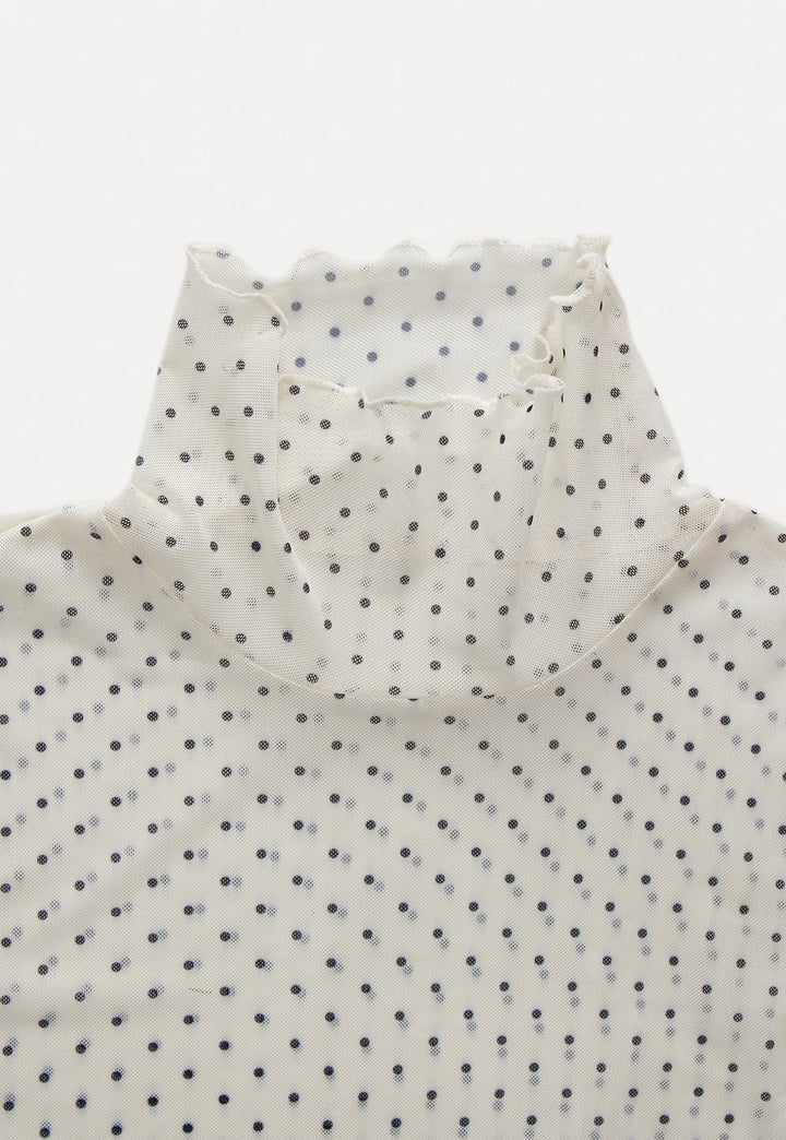 Women's Polka Dot Ruffle Blouse with Pearl Detail