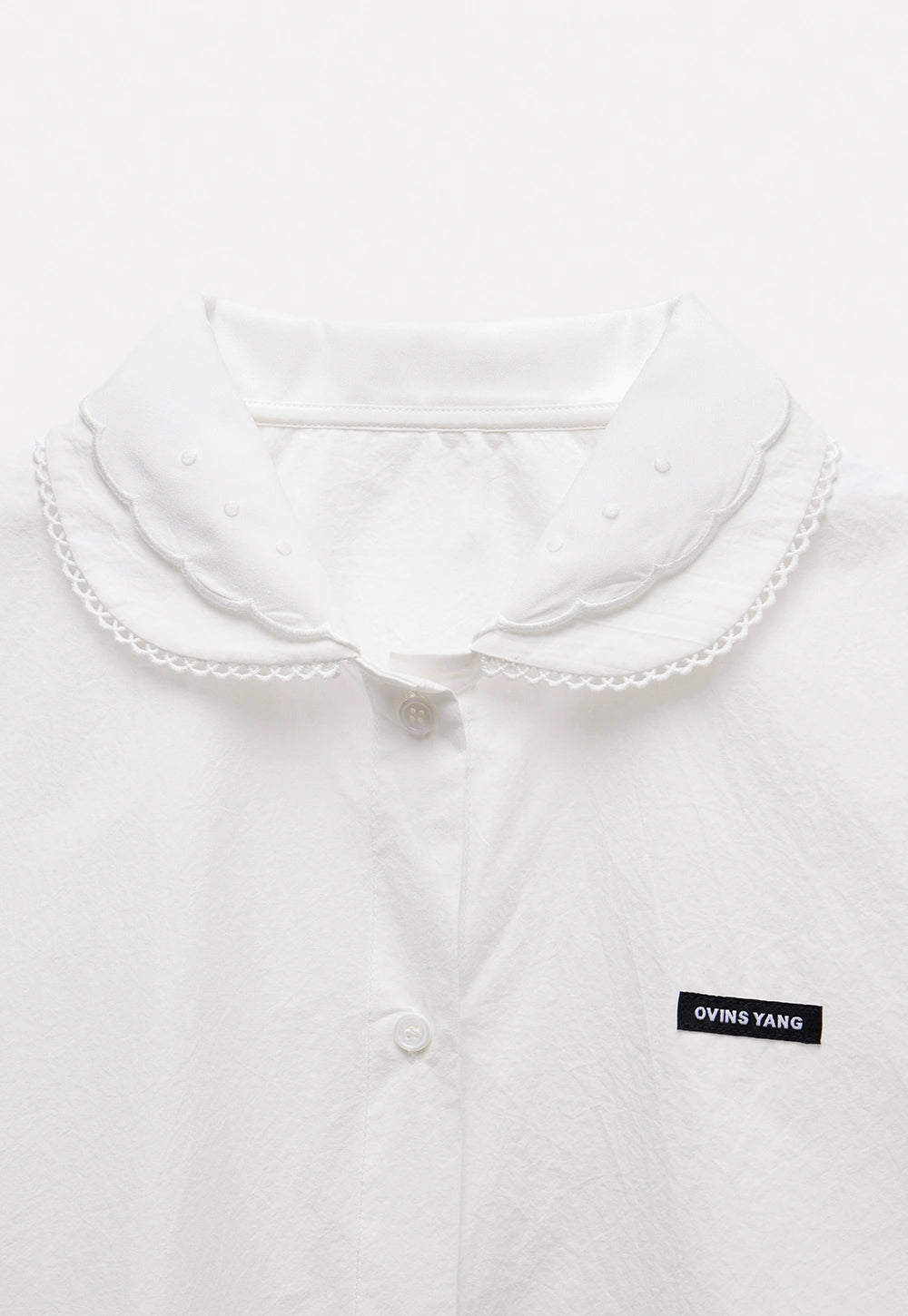 White Collared Button-Up Top with Embroidery