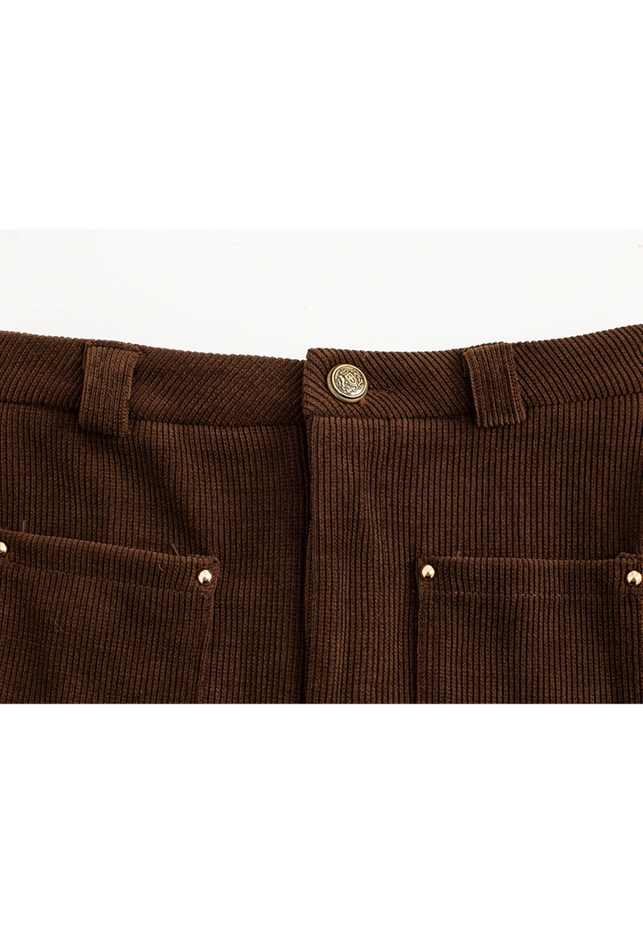 Women's High-Waisted Brown Corduroy Fishtail Midi Skirt with Front Pockets