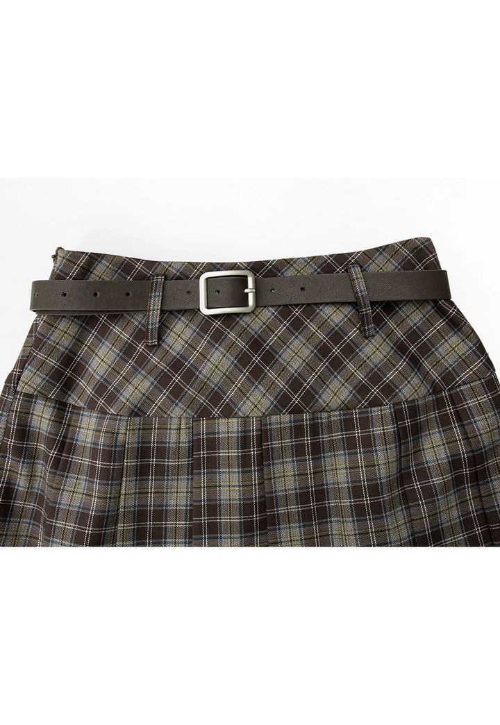 Women's High-Waisted Plaid Pleated Midi Skirt with Belt